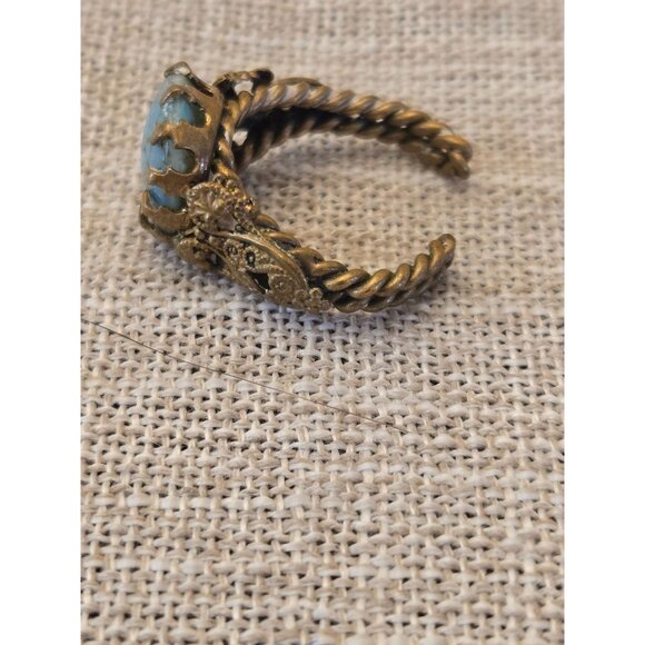 Vintage Bronze Adjustable Ring With Turquoise Stone & Ornate Scrollwork Design - Picture 4 of 5